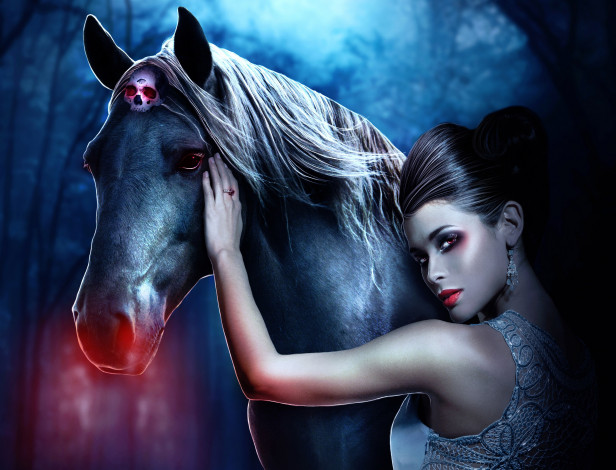 Обои картинки фото фэнтези, девушки, рука, прическа, череп, уши, грива, лошадь, кольцо, волосы, спина, украшения, серьги, платье, глаза