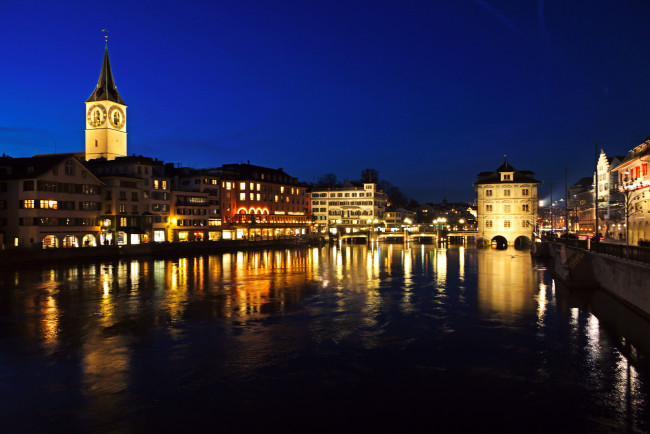 Обои картинки фото города, цюрих, швейцария, огни, ночь, мост, река