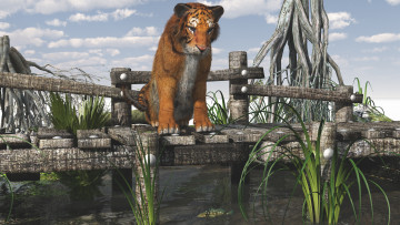 Картинка 3д+графика animals+ животные рыбка тигр река