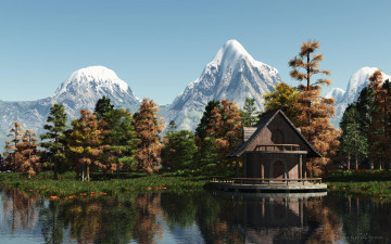 Картинка 3д+графика nature landscape+ природа дом лес река горы