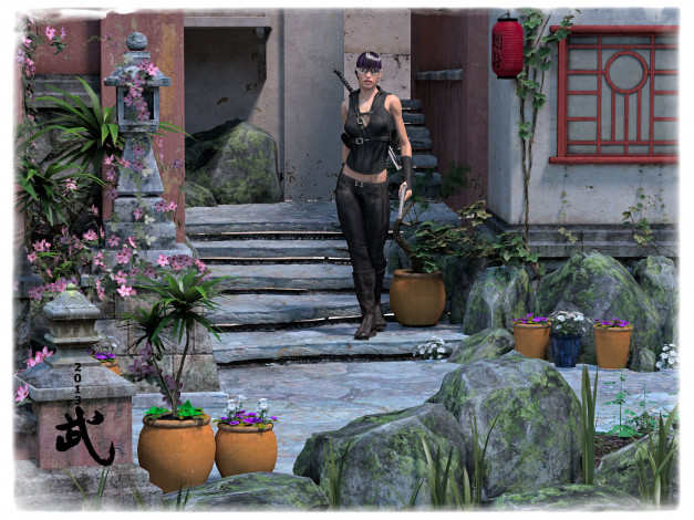 Обои картинки фото 3д графика, fantasy , фантазия, цветы, дворик, девушка