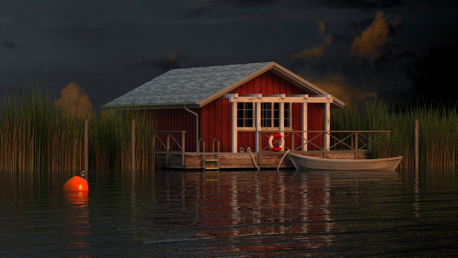 Обои картинки фото 3д графика, architecture , архитектура, река, дом, тростник, лодка
