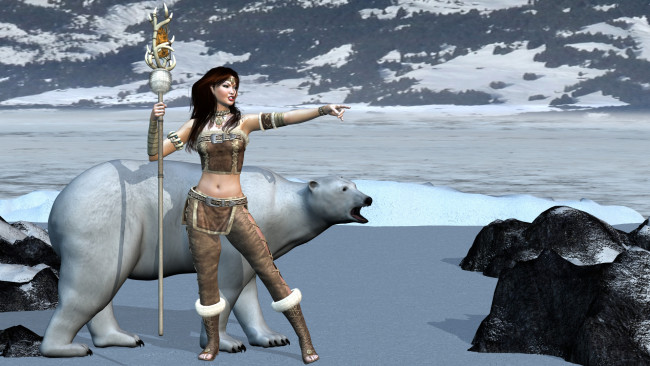 Обои картинки фото 3д графика, fantasy , фантазия, девушка, медведь
