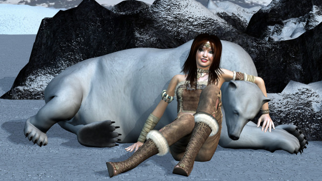 Обои картинки фото 3д графика, fantasy , фантазия, медведь, девушка