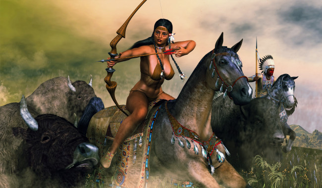 Обои картинки фото 3д графика, amazon , амазонки, лошади, лук, девушки