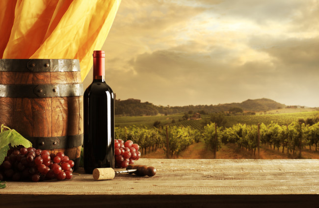 Обои картинки фото еда, напитки,  вино, виноградник, занавеска, красное, вино, штопор, бутылка, виноград, бочонок