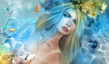 Картинка 3д+графика абстракция+ abstract девушка рыбки вода русалка