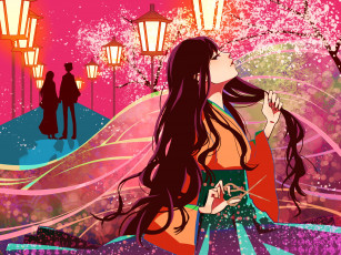 Картинка аниме unknown +другое ножницы кимоно пара лепестки силуэт сакура аллея фонари длинные волосы
