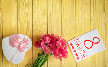обоя праздничные, международный женский день - 8 марта, тюльпаны, 8, марта, букет, подарок, открытка, праздник, лента, розовая