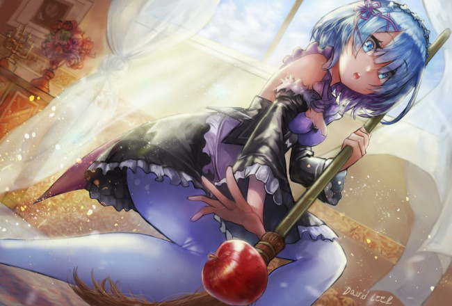 Обои картинки фото аниме, re,  zero kara hajimeru isekai seikatsu, яблоко, rem, горнична, голубые, волосы