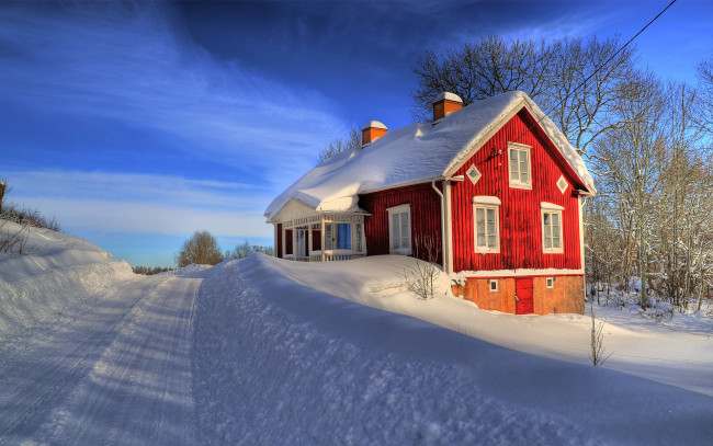 Обои картинки фото города, - здания,  дома, деревья, облака, небо, дом, дорога, снег, зима