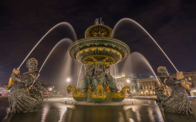 Обои картинки фото города, - фонтаны, фонтан, фонари, ночь, огни, франция, париж, город, дома