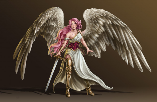 Обои картинки фото фэнтези, ангелы, девушка, фон, взгляд, меч, крылья
