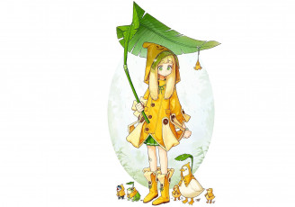 Картинка аниме животные +существа девочка дождь лист существа