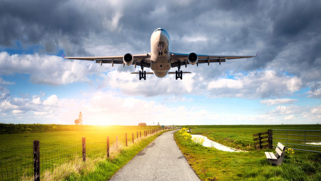 Обои картинки фото авиация, пассажирские самолёты, самолет, взлет, дорога, поля