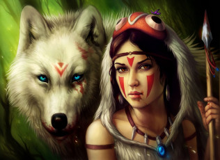 Картинка фэнтези красавицы чудовища волк копьё девушка princess mononoke