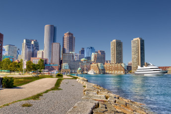 Картинка бостон сша города здания дома boston гавань небоскрёбы причал набережная яхты