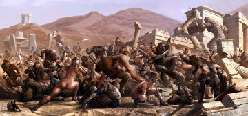 Картинка фэнтези люди битва развалины сражение монстры амазонки воины