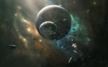 Картинка космос арт туманность астероиды планета