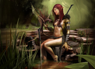 Картинка фэнтези красавицы чудовища воительница дракон амазонка эльфийка