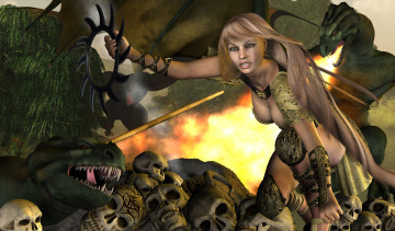 Картинка 3д графика fantasy фантазия девушка драконы Черепа