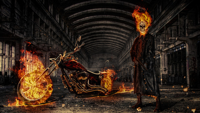 Обои картинки фото призрачный, гонщик, фэнтези, нежить, плащ, ангар, дробовик, огонь, мотоцикл