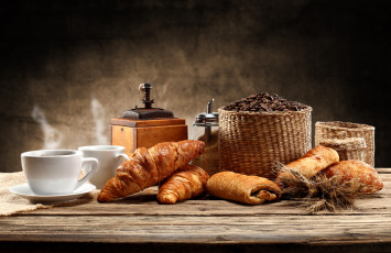 Картинка еда кофе +кофейные+зёрна чашки блюдце дымок хлеб кофемолка сахар корзины