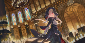 Картинка аниме pixiv+fantasia капюшон свечи храм девушка крест статуя мозаика церковь окна