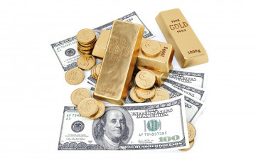 Картинка разное золото +купюры +монеты монеты доллары деньги