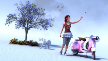 обоя мотоциклы, 3d, девушка, взгляд, фон, мотоцикл, собака, дерево, бабочки, птицы