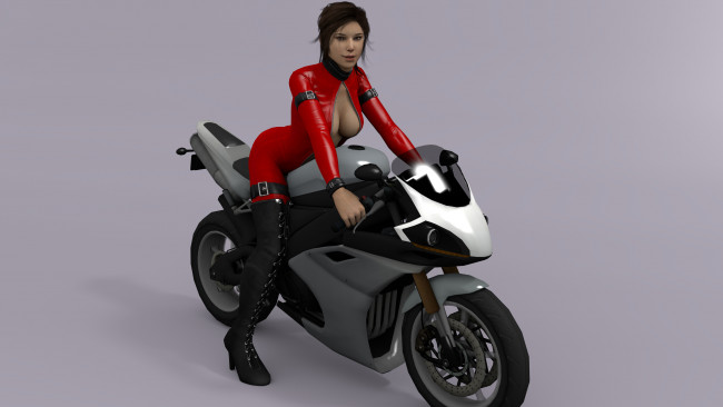 Обои картинки фото мотоциклы, 3d, мотоцикл, взгляд, девушка, фон