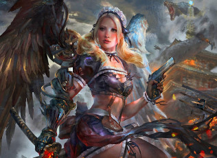 Картинка фэнтези ангелы огонь оружие пистолет меч девушка крылья ангел