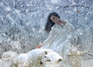 Картинка разное компьютерный+дизайн зима снег девушка медведь кролик