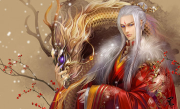 Картинка фэнтези люди юноша халат красный дракон иероглифы китай