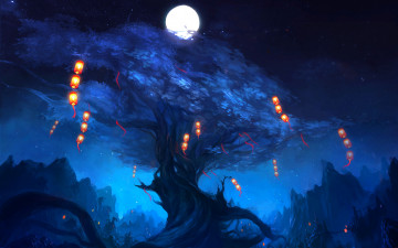 Картинка фэнтези иные+миры +иные+времена дерево ствол корни луна небо фонари ночь