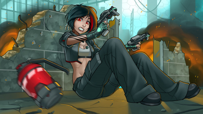 Обои картинки фото аниме, оружие,  техника,  технологии, пистолет, взгляд, фон, девушка