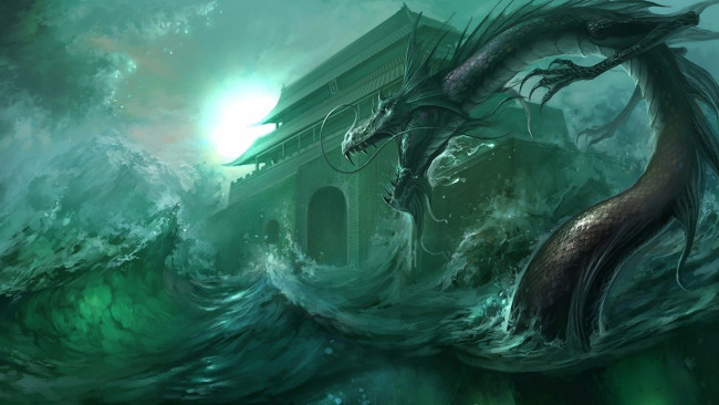 Обои картинки фото фэнтези, существа, дракон, монстр, чудище, вода, потоп, город