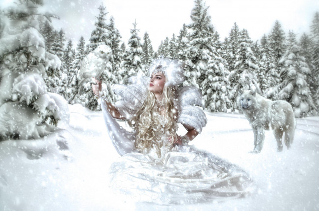Обои картинки фото разное, компьютерный дизайн, зима, девушка, снежная, королева, волк