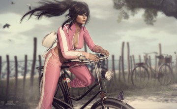 Картинка 3д+графика люди+ people волосы лицо ветер лето девушка велосипед стиль