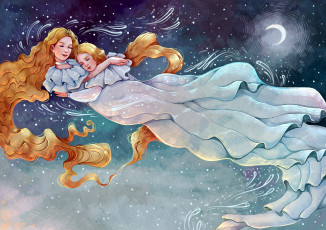 Картинка рисованное люди девушки сон полет снег