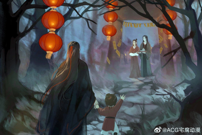 Обои картинки фото аниме, mo dao zu shi, вэй, усянь, а-юань, вэнь, цин, нин, ворота, фонари