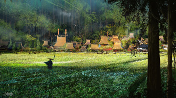 Картинка аниме пейзажи +природа человек копье поле поселение лес