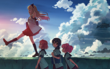 обоя аниме, yuru, yuri, облака, девушки