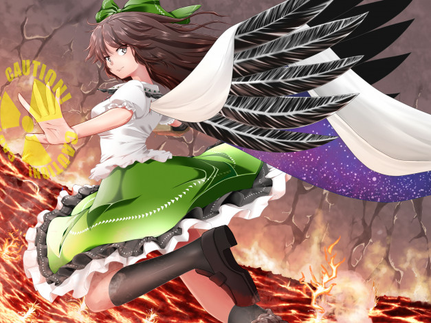 Обои картинки фото аниме, touhou, reiuji, utsuho, крылья, огонь, магия, девушка