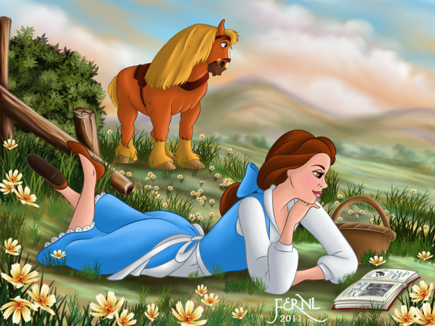 Обои картинки фото мультфильмы, beauty, and, the, beast, девушка, лошадь