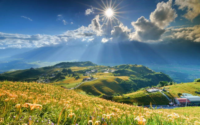 Обои картинки фото природа, пейзажи, трава, холмы, цветы, облака, солнце, панорама