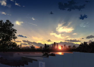 Картинка аниме город +улицы +здания закат