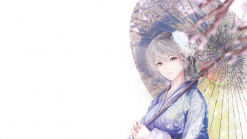 Картинка аниме unknown +другое ветки девушка кимоно зонт сакура