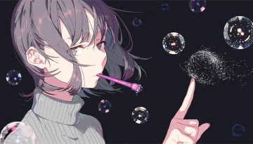 Картинка аниме unknown +другое капли мыльные пузыри крупный план водолазка девушка