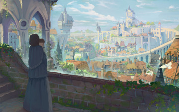 Картинка аниме город +улицы +здания фентези замок девушка малыш